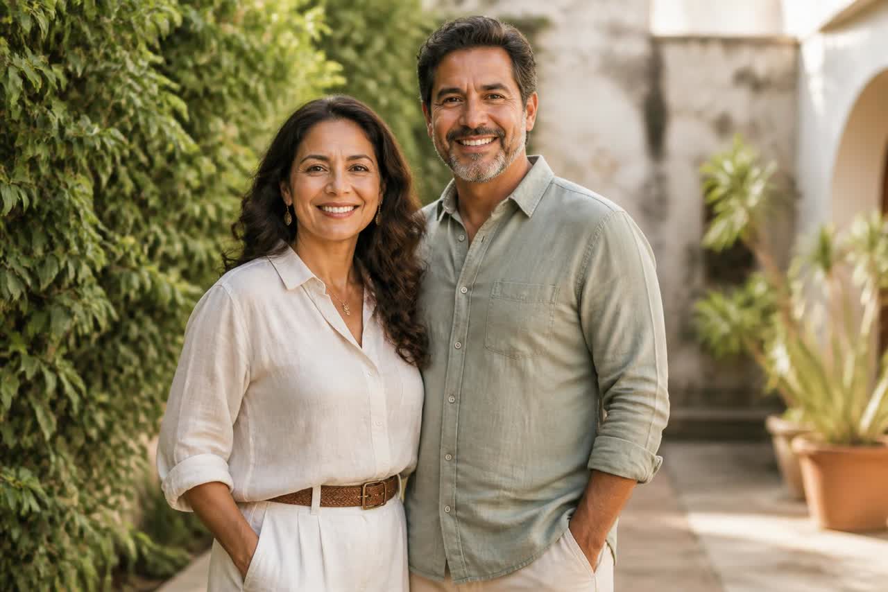 A confident woman and man standing together outdoors in soft morning light