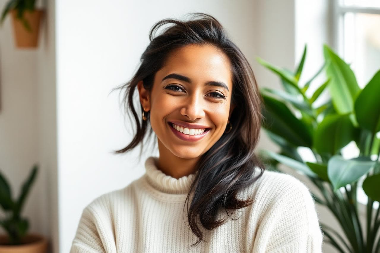 A woman with a healthy, radiant complexion smiling in soft natural window light