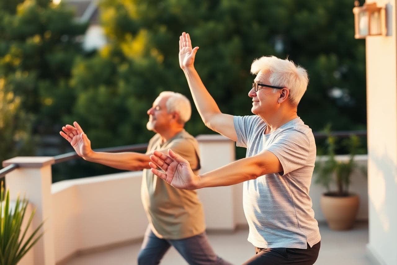 Two adults stretching through gentle movement on a sunlit terrace surrounded by greenery