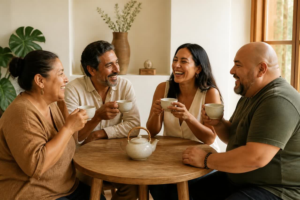 Four adults laughing together around a small table while drinking herbal tea