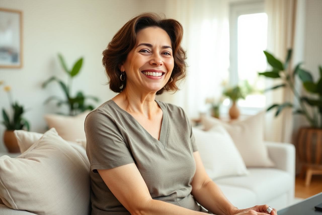 A woman in her forties smiling comfortably on a linen sofa in a bright, plant-filled living room