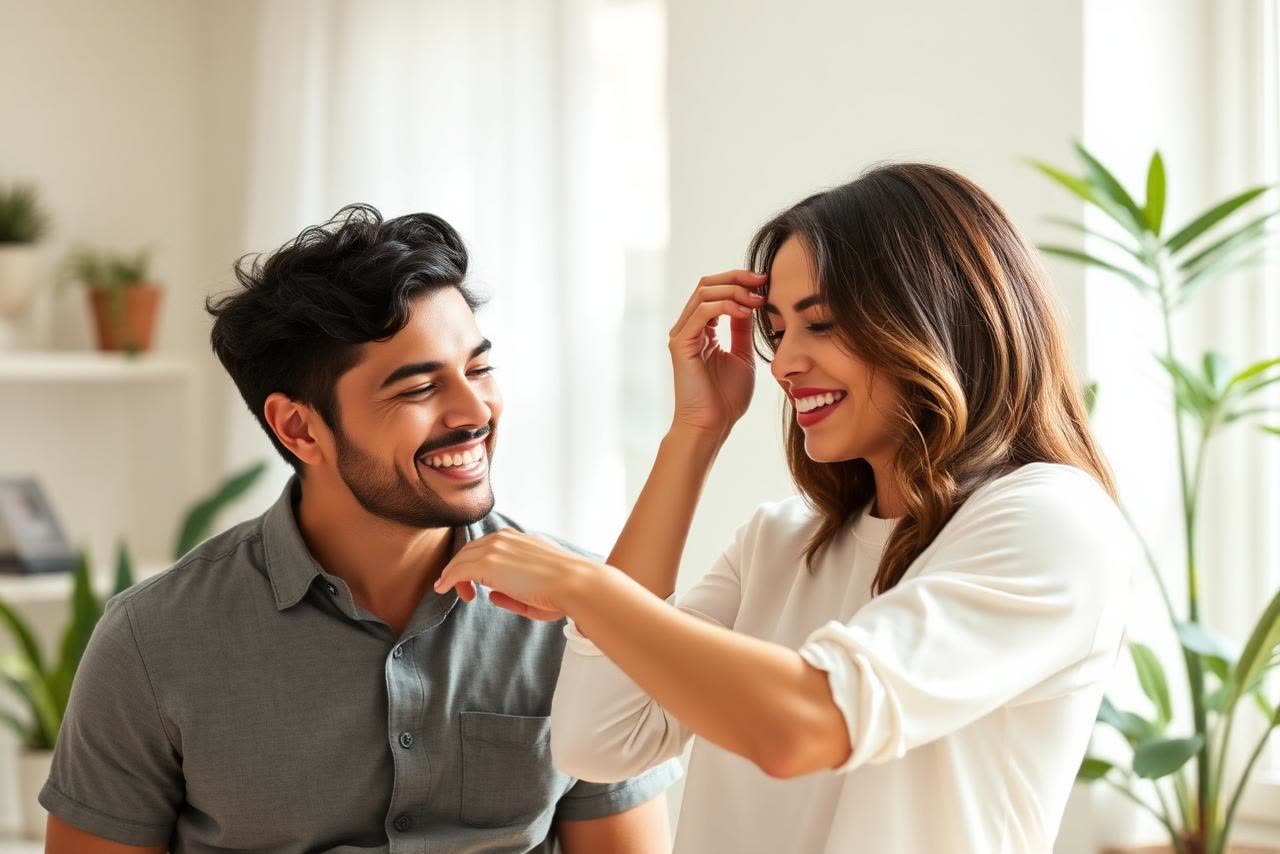 A man and a woman laughing together in a bright room, both with healthy, full hair