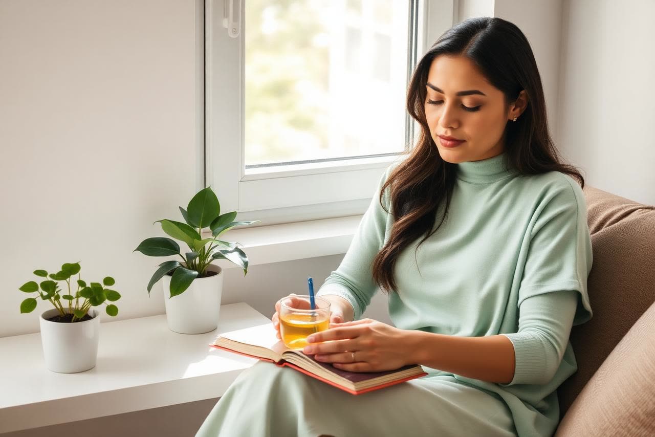 A woman journaling calmly by a sunlit window with a cup of herbal tea and green plants