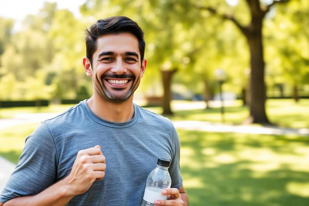 A man smiling confidently outdoors in a green park after a morning workout