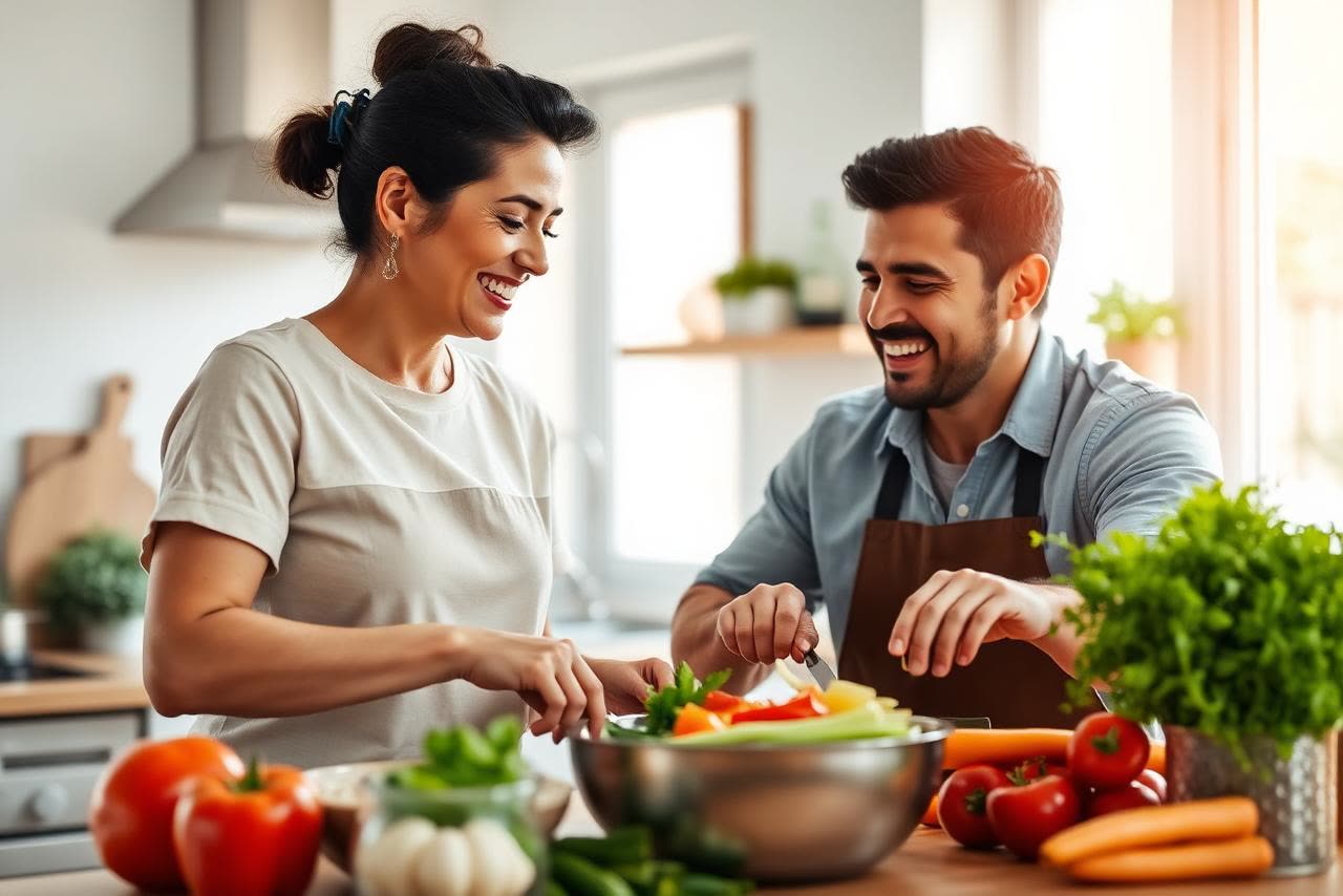 A couple laughing together while preparing a colourful fresh vegetable meal in a sunny kitchen