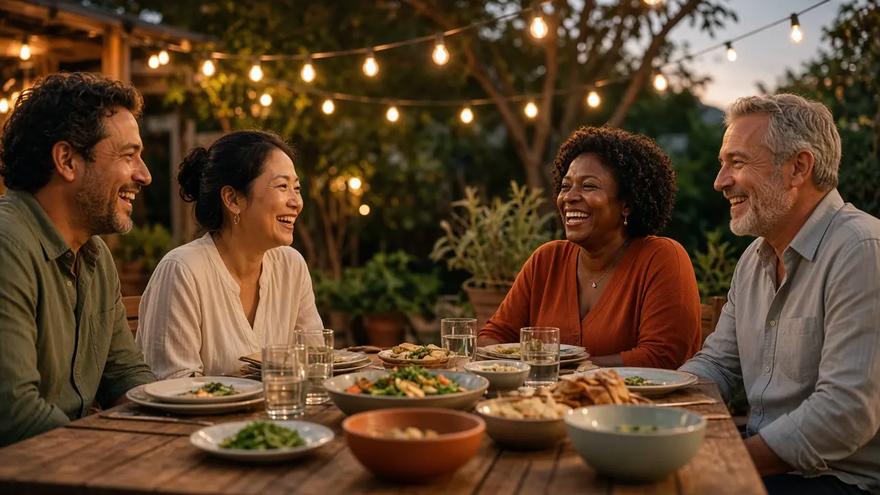Foto ilustrativa de amistades compartiendo una comida sencilla al aire libre.
