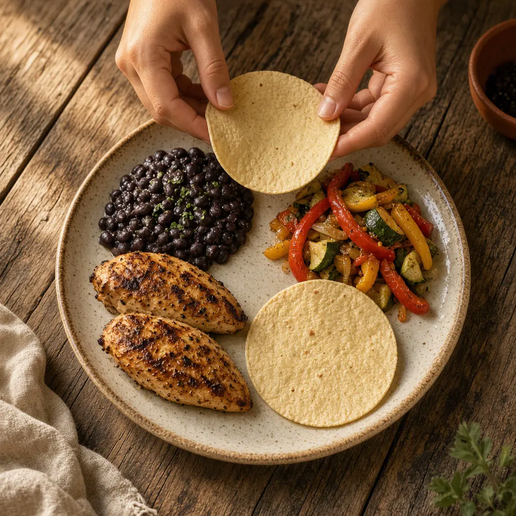 Foto ilustrativa de un plato con pollo a la plancha, frijoles, verduras y una tortilla de maíz.
