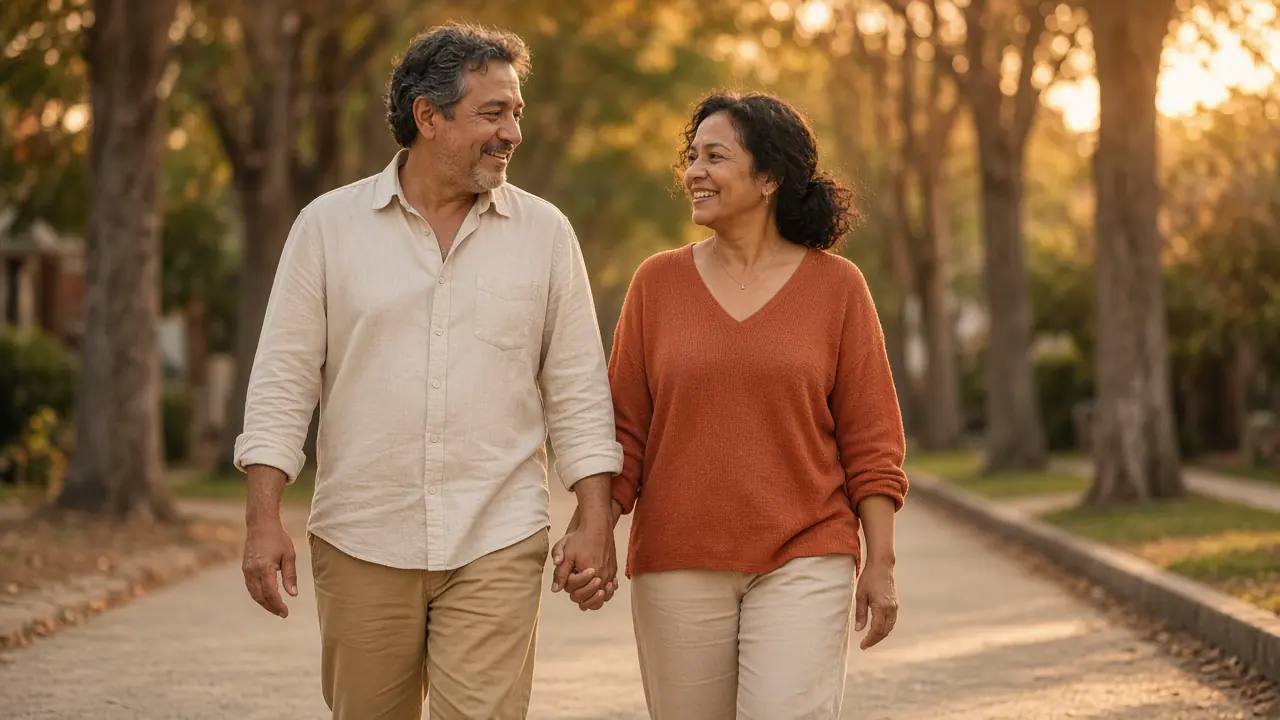 Illustrative photo of a couple walking together on a neighborhood path at sunset.