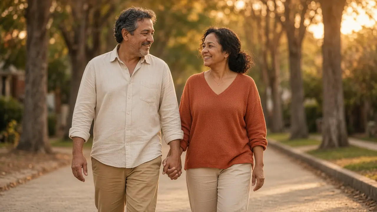 Foto ilustrativa de una pareja caminando junta por un sendero del vecindario al atardecer.