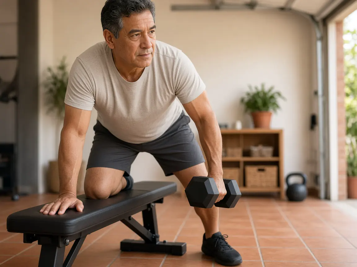 Foto ilustrativa de un hombre haciendo un remo ligero con mancuerna en un gimnasio de garaje.