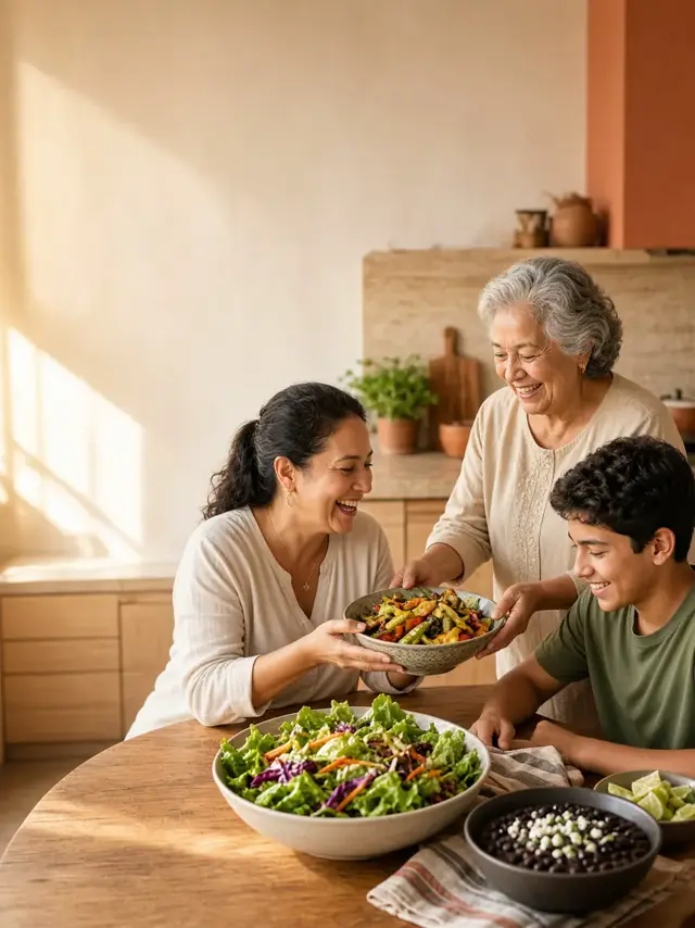 Imagen ilustrativa de una familia preparando la cena en una cocina soleada. No es paciente ni profesional de salud.