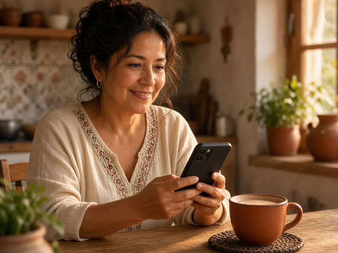 Illustrative photo of a woman on a video call at a kitchen table. The screen is not visible. Not a patient or clinician.