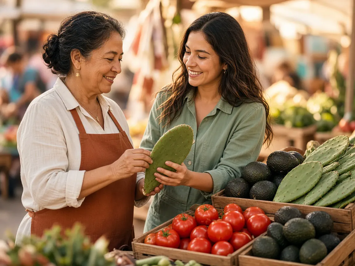 Foto ilustrativa de una madre y su hija escogiendo nopales y verduras en un mercado.