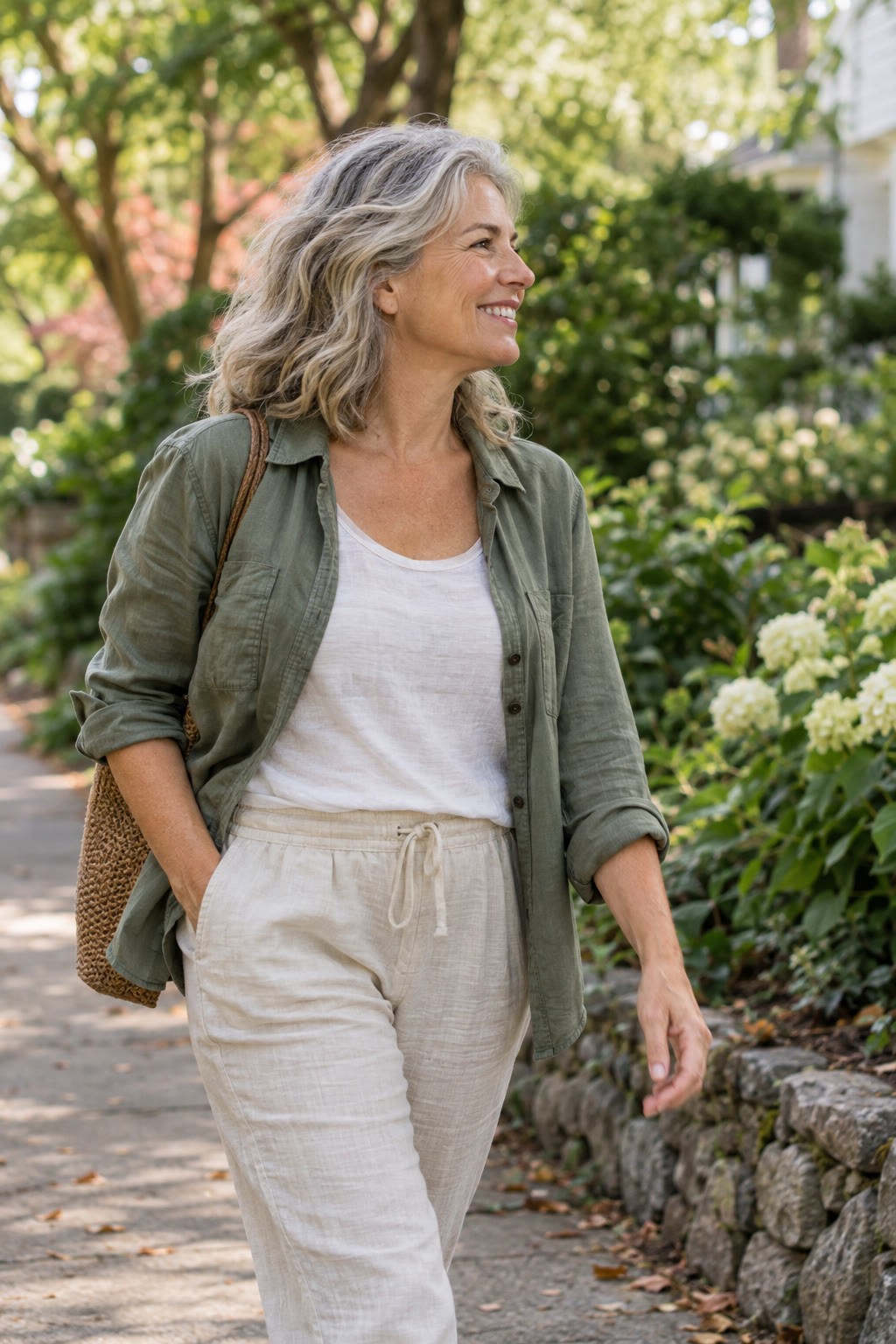 Woman walking on a sunny boardwalk