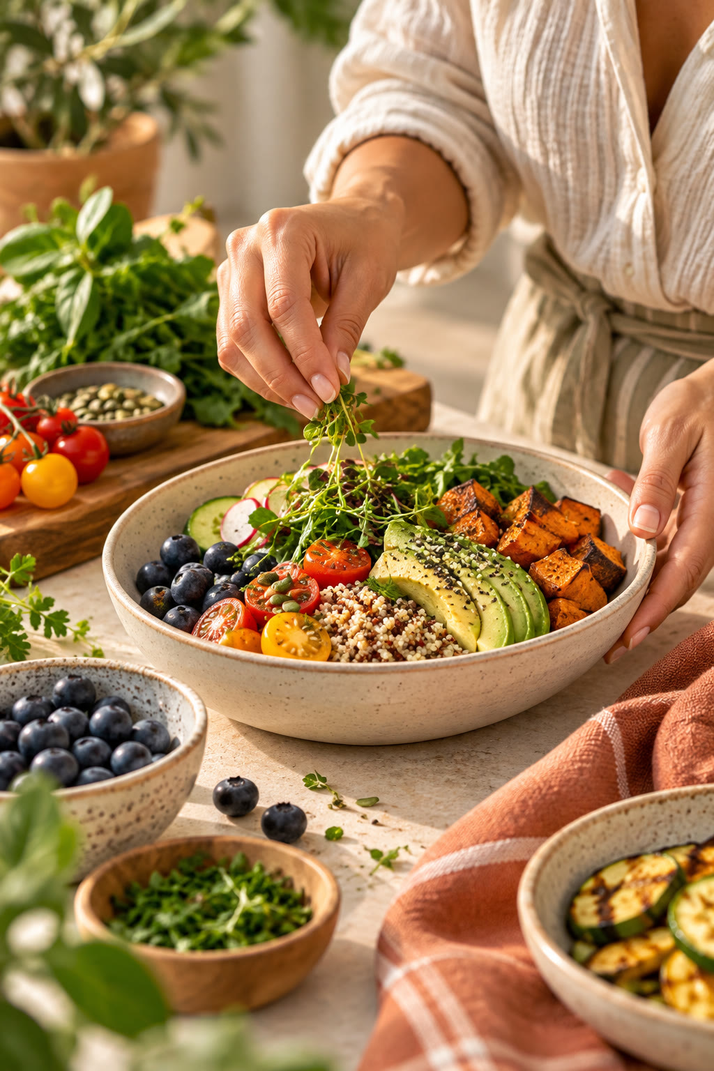 Hands adding herbs to a grain bowl with salmon, greens, and tomatoes