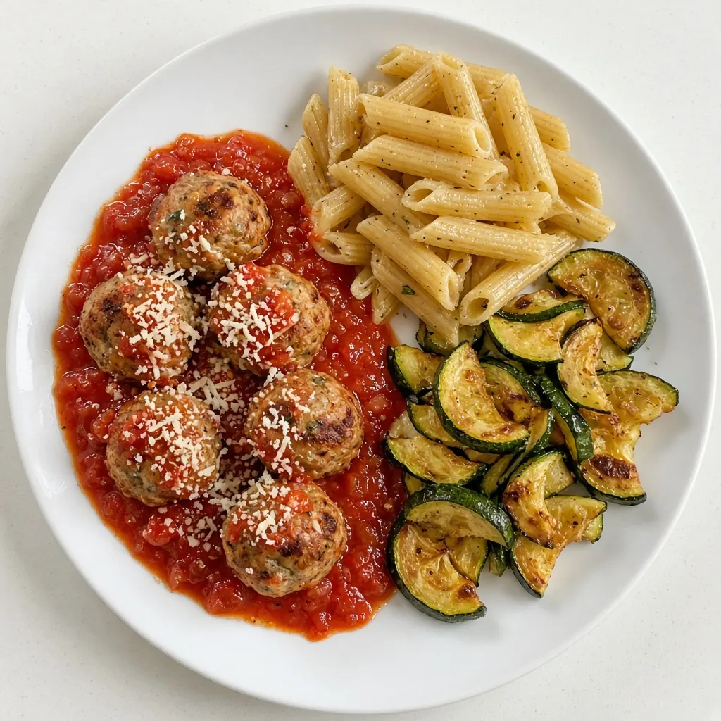 Illustrative overhead photo of Turkey meatballs with pasta and zucchini in natural light. Not a patient.