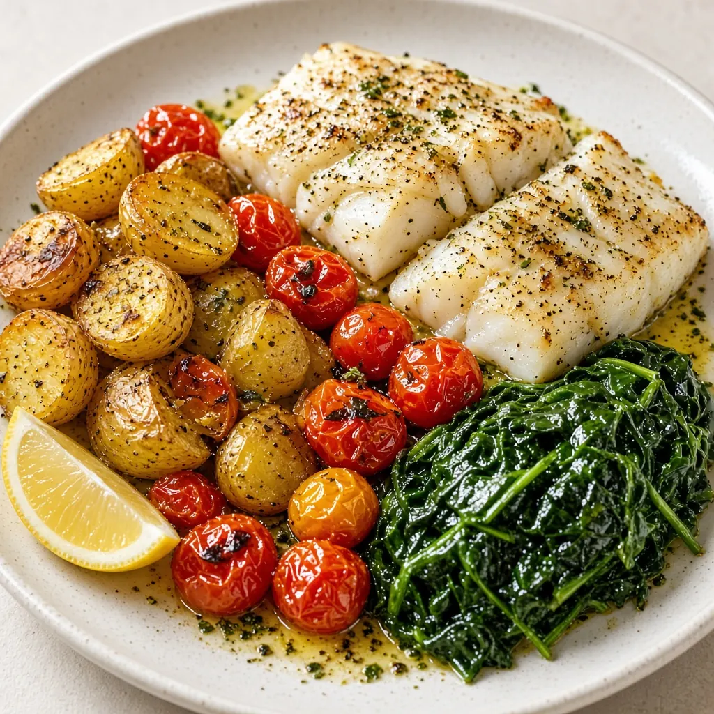 Illustrative overhead photo of Baked cod with potatoes and greens in natural light. Not a patient.