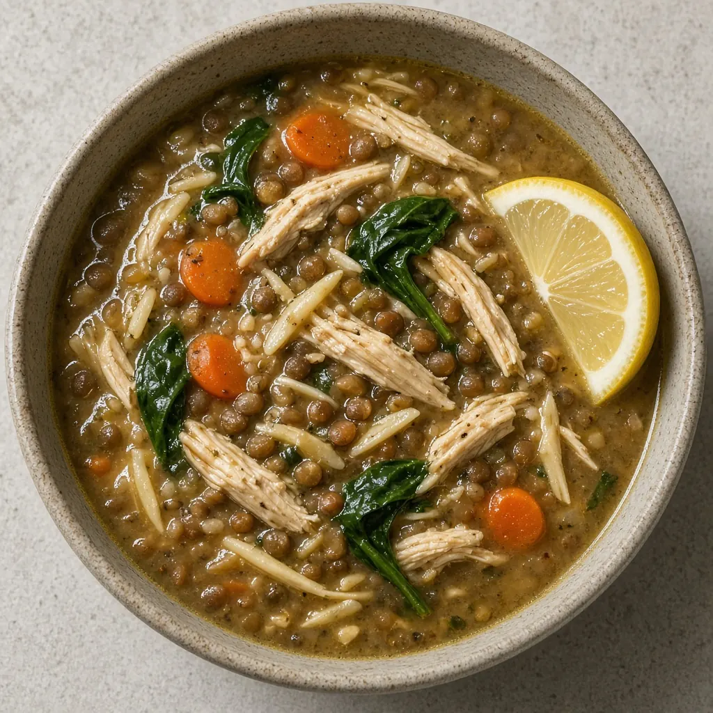 Illustrative overhead photo of Chicken lentil soup with small pasta in natural light. Not a patient.