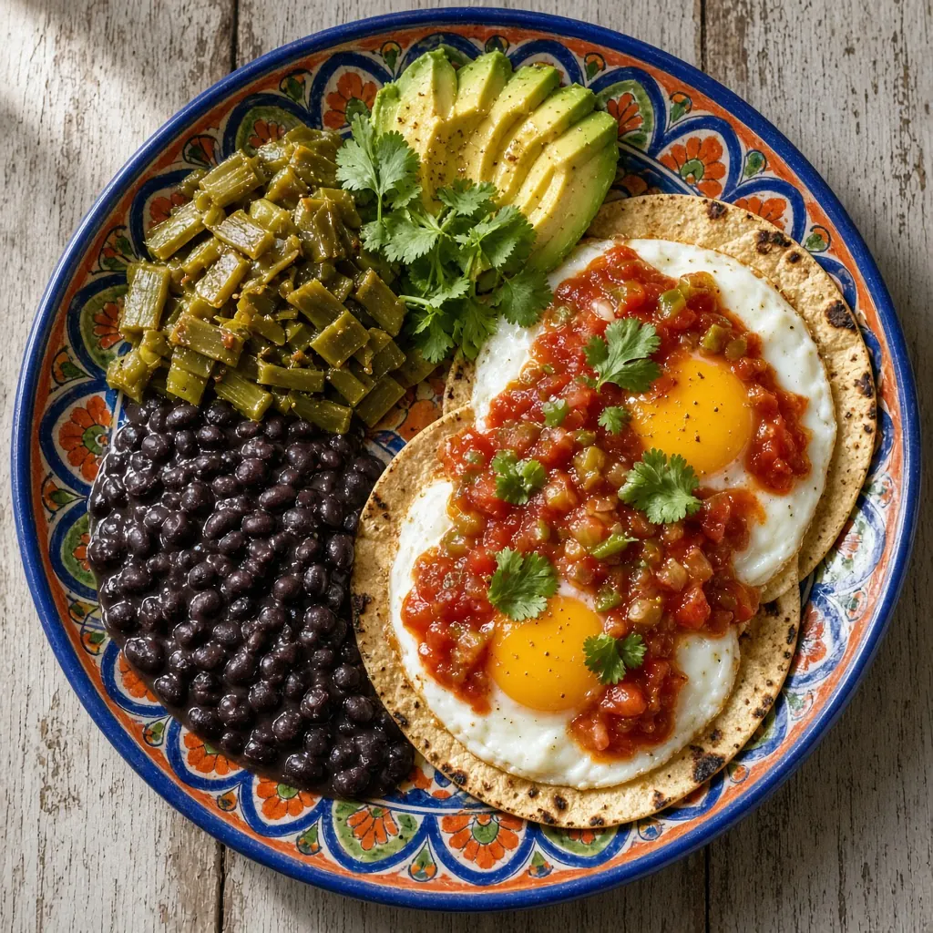 Illustrative overhead photo of Huevos rancheros with beans and nopales in natural light. Not a patient.