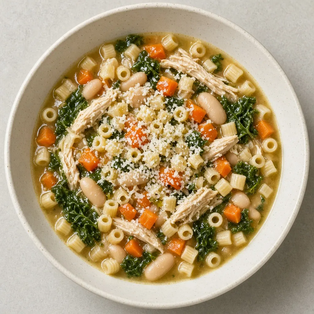 Foto ilustrativa de Pasta e fagioli con pollo, vista desde arriba con luz natural. No es un paciente.