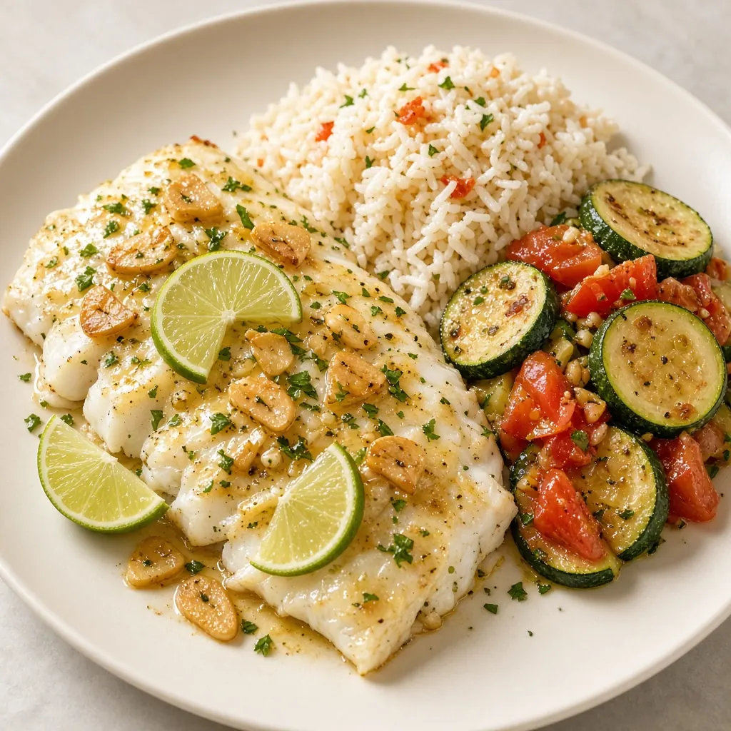 Illustrative overhead photo of Garlic-lime fish with rice and zucchini in natural light. Not a patient.