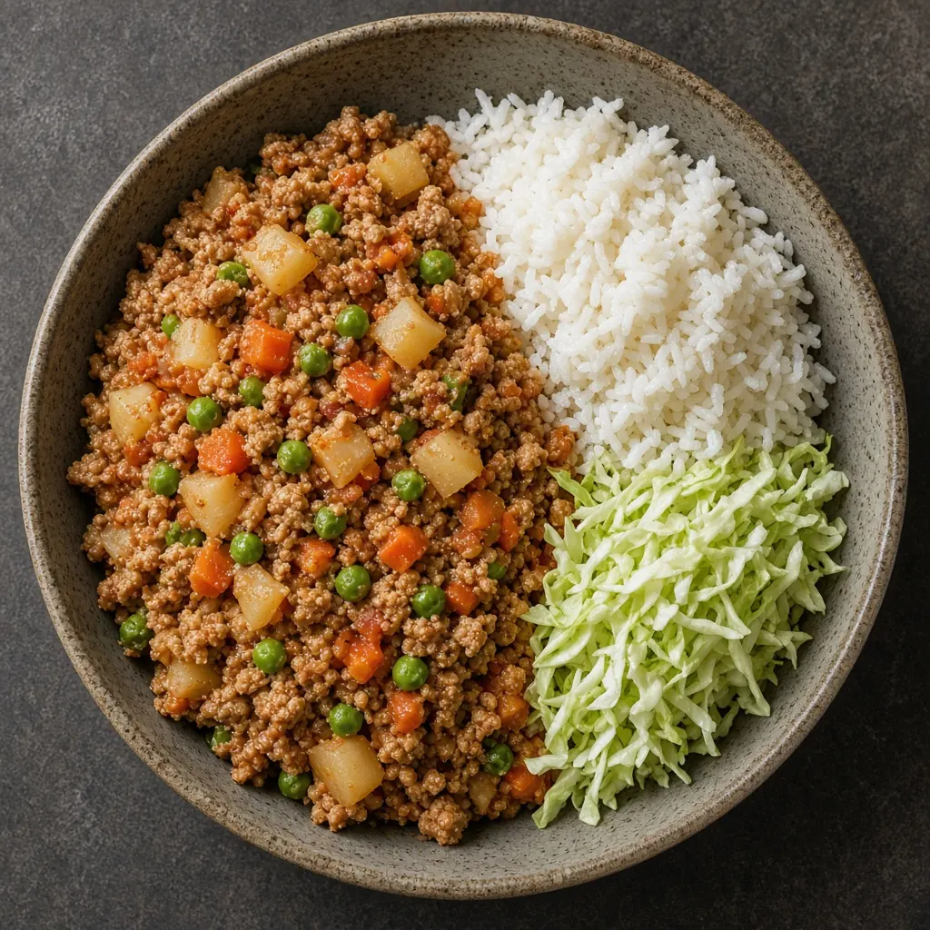 Illustrative overhead photo of Turkey picadillo with potatoes and rice in natural light. Not a patient.