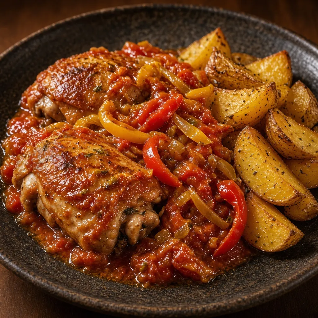 Foto ilustrativa de Pollo a la cacciatora con papas al horno, vista desde arriba con luz natural. No es un paciente.