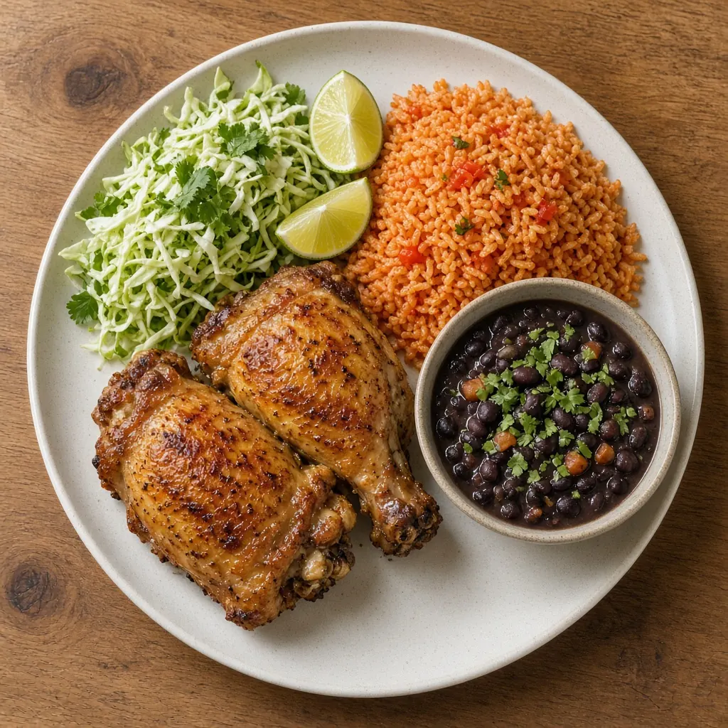 Illustrative overhead photo of Chicken asado with red rice and beans in natural light. Not a patient.