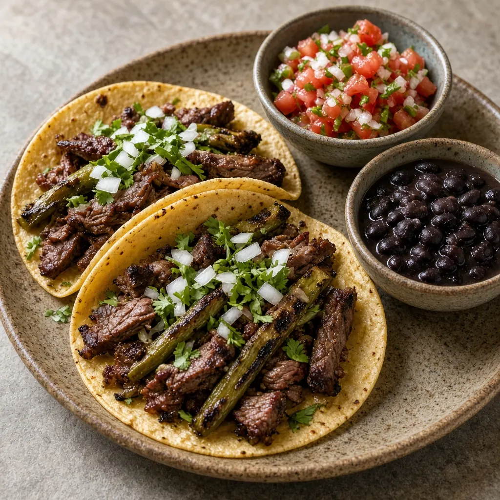 Illustrative overhead photo of Carne asada tacos with grilled nopales in natural light. Not a patient.