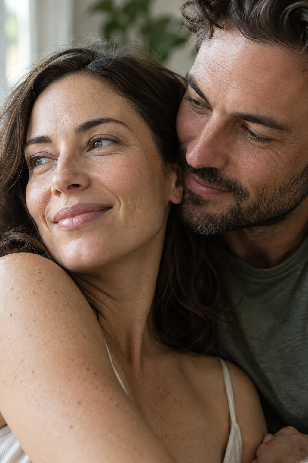 Couple embracing closely, her smiling and him leaning in behind her