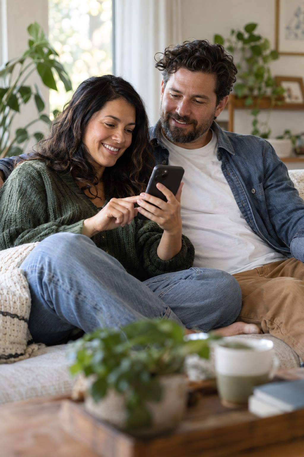Couple sitting on a sofa and looking at a phone together